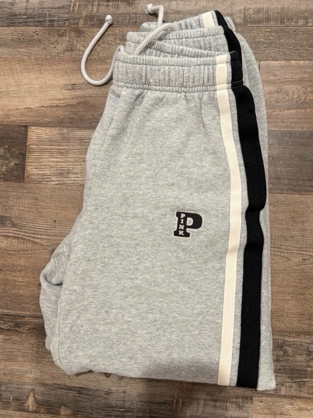 PINK Victoria's Secret Grey Jogger Pants with Black & Cream Side Stripes